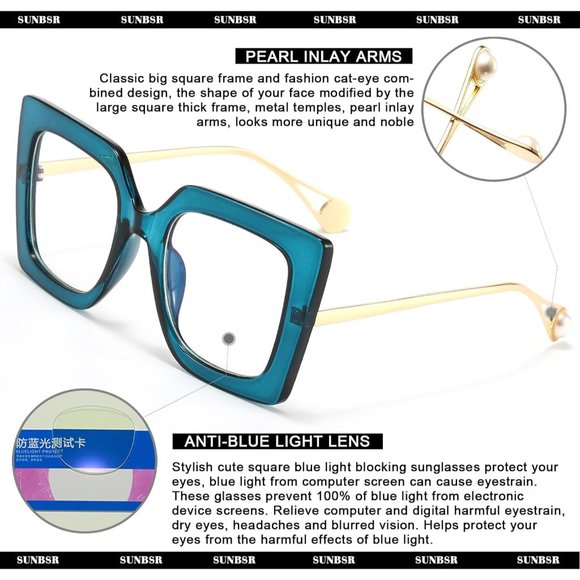 Women Blue Square Big Frame Blue Light Blocking Glasses - Picture 5 of 6